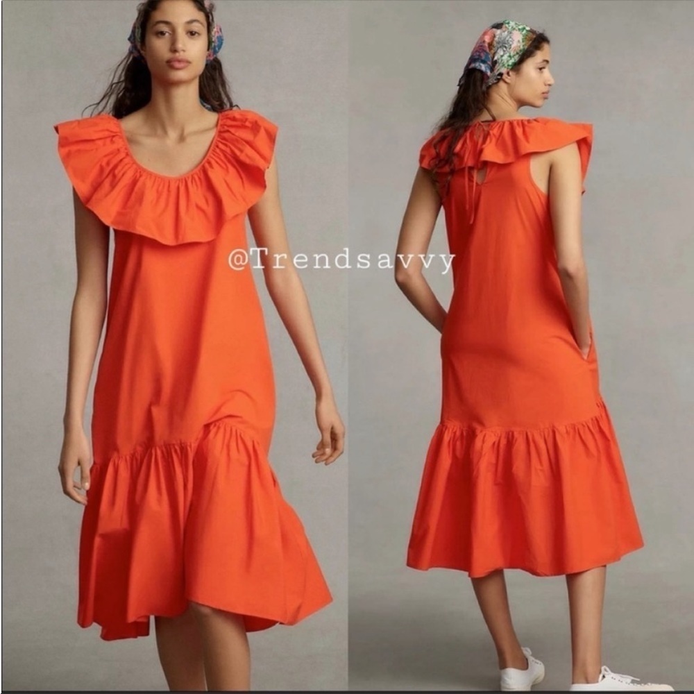 Anthropologie WHIT Two Orange Ruffle Maxi Dress XSP Petite Cotton Vacation NWT